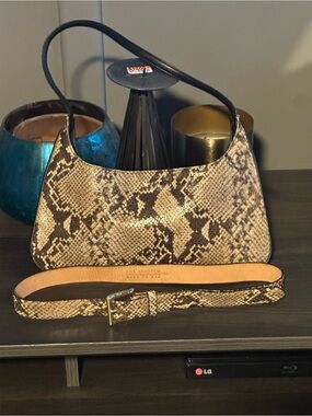 The Limited Snake-Print Shoulder Bag in Brown and Cream with Matching Belt